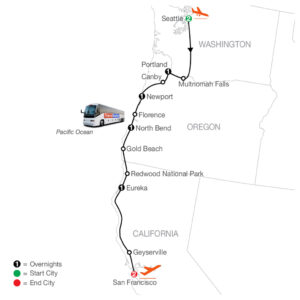 9days Seattle to San Francisco tour map